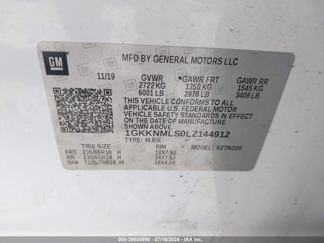 1GKKNMLS0LZ144912 GMC Acadia Fwd Slt