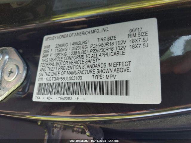 5J8TB4H56JL003100 Acura Rdx Technology   Acurawatch Plus Packages/technology Package