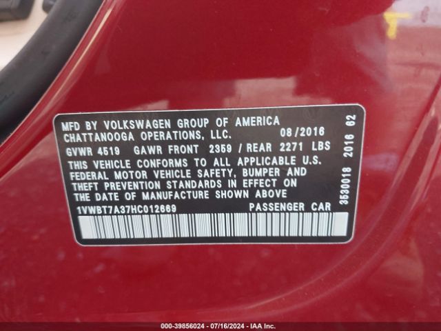 1VWBT7A37HC012669 Volkswagen Passat 1.8t Se