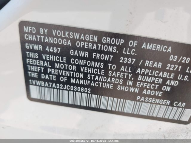 1VWBA7A32JC030802 Volkswagen Passat 2.0t Se