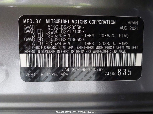 2022 MITSUBISHI OUTLANDER JA4J3VA89NZ030799 Photo 8