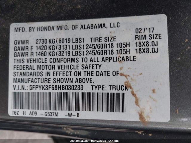 Honda Ridgeline Rtl-t 2017 5FPYK3F68HB030233 Image 9