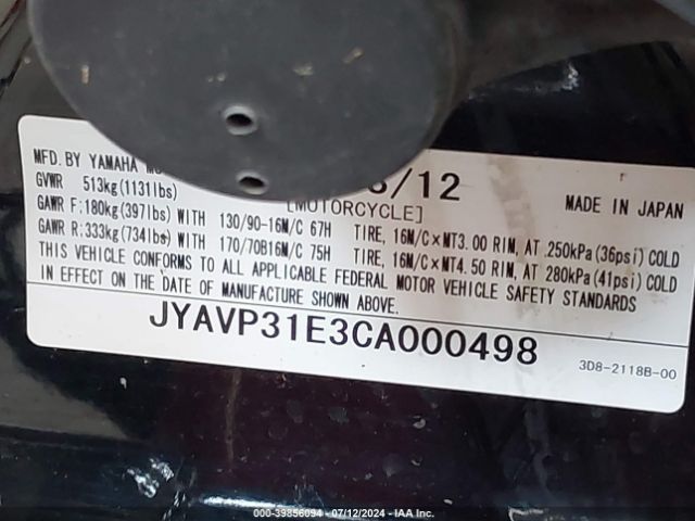 2012 YAMAHA XVS1300 JYAVP31E3CA000498 Photo 9