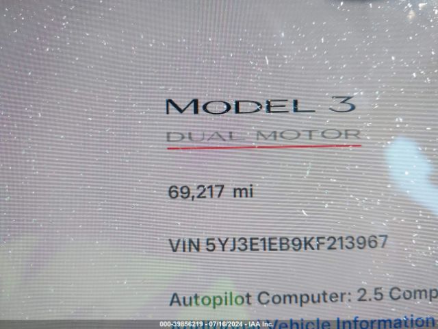 5YJ3E1EB9KF213967 Tesla Model 3 Long Range/performance