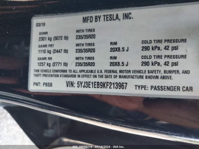 5YJ3E1EB9KF213967 Tesla Model 3 Long Range/performance