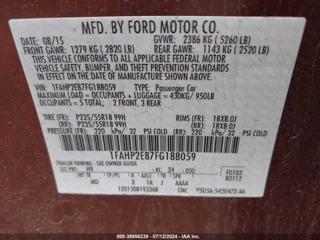 Ford TAURUS SEL 2015 1FAHP2E87FG188059 Image 9
