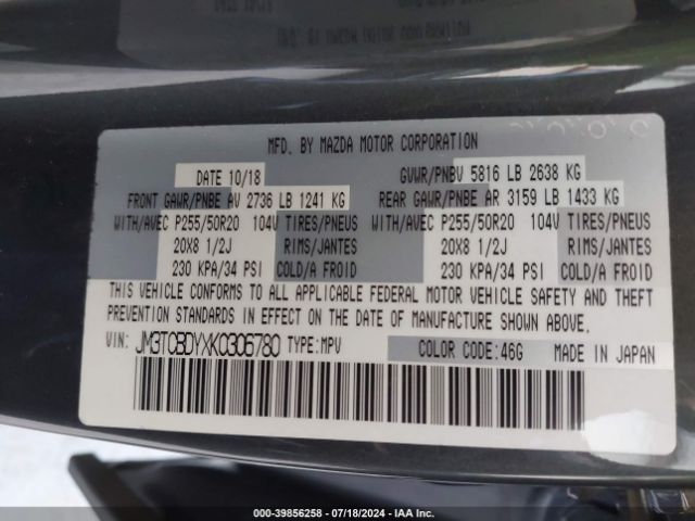 JM3TCBDYXK0306780 Mazda Cx-9 Grand Touring