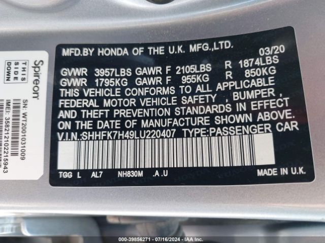 SHHFK7H49LU220407 Honda Civic Sport