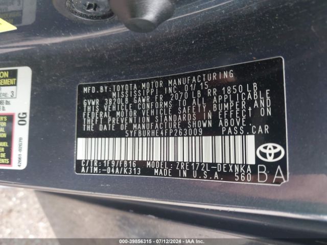 5YFBURHE4FP263009 Toyota Corolla Le Plus