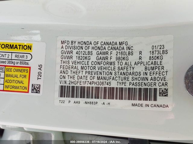 2HGFE1F74PH306745 Honda Civic Ex /ex W/o Bsi