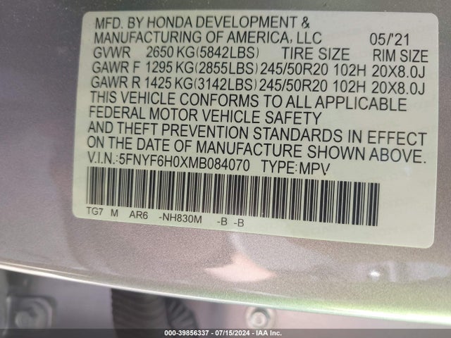 Honda Pilot Awd Elite 2021 5FNYF6H0XMB084070 Image 9