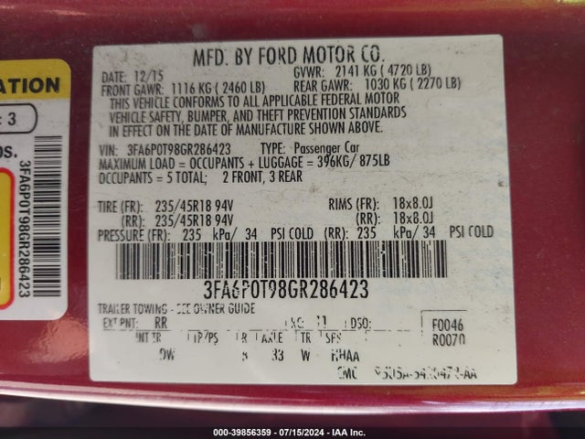 Ford FUSION SE 2016 3FA6P0T98GR286423 Image 9