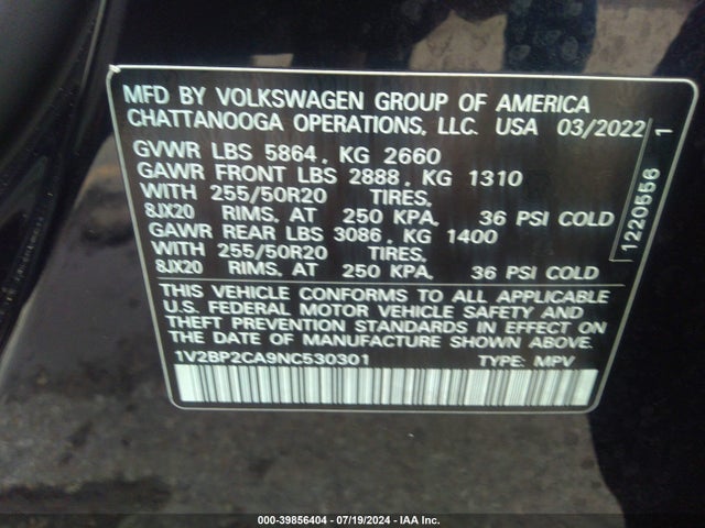 1V2BP2CA9NC530301 Volkswagen Atlas 2.0t Sel