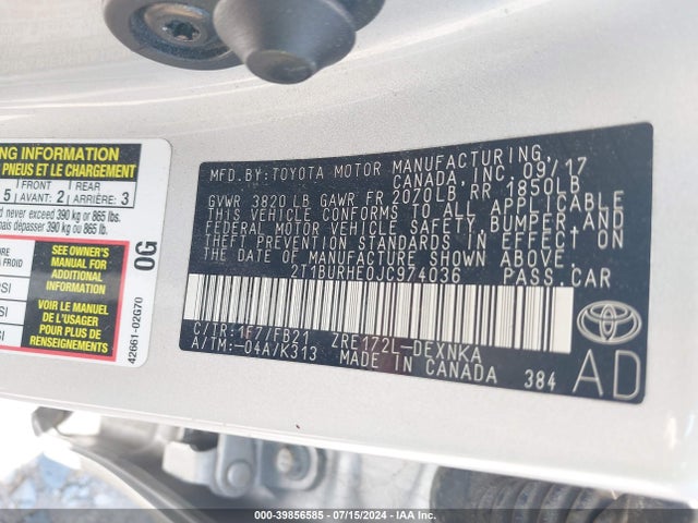 Toyota COROLLA LE 2018 2T1BURHE0JC974036 Image 9