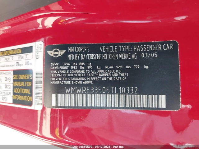 2005 MINI COOPER S WMWRE33505TL10332 Photo 8