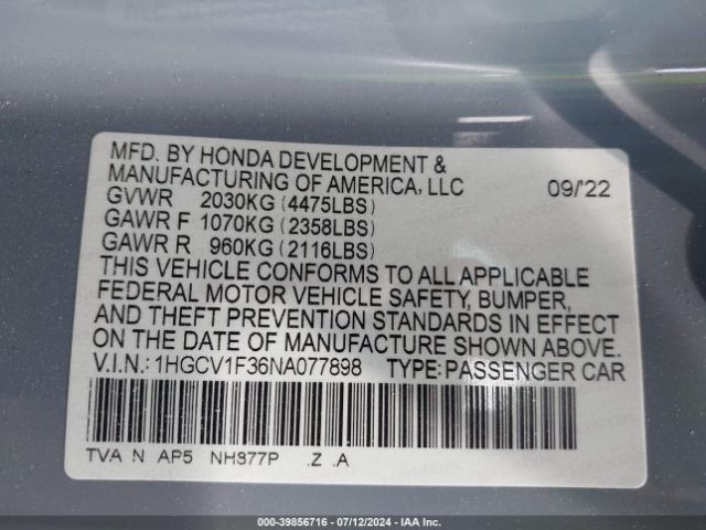 1HGCV1F36NA077898 Honda Accord Sport