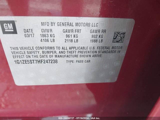 Chevrolet MALIBU 1LT 2017 1G1ZE5ST7HF247238 Image 9