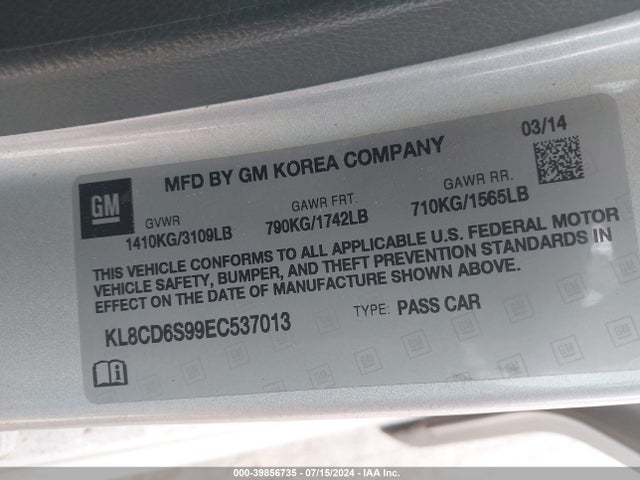 Chevrolet Spark 1lt Auto 2014 KL8CD6S99EC537013 Image 9