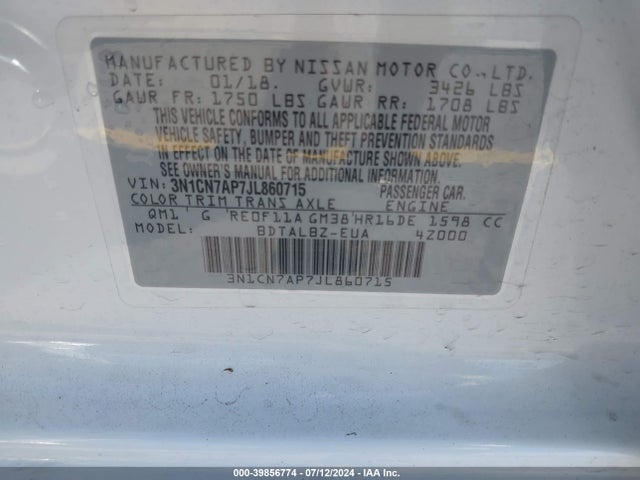 Nissan Versa 1.6 Sv 2018 3N1CN7AP7JL860715 Image 9