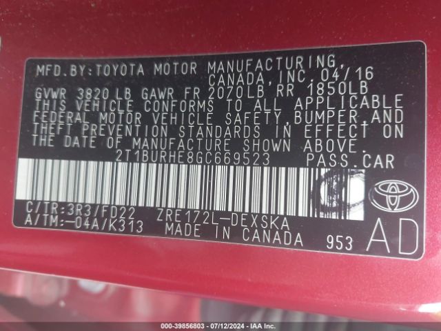 2T1BURHE8GC669523 Toyota Corolla S