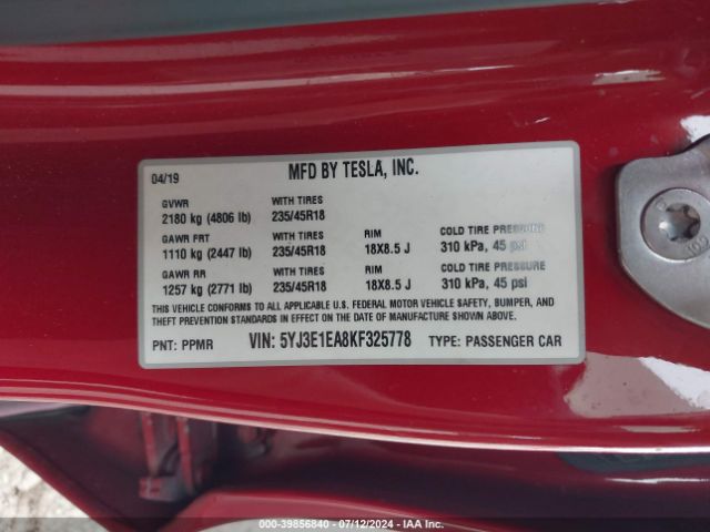 5YJ3E1EA8KF325778 Tesla Model 3 Long Range/mid Range/standard Range/standard Range Plus