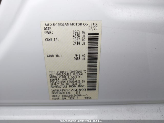 Nissan Altima S Fwd 2020 1N4BL4BV2LC260893 Image 9