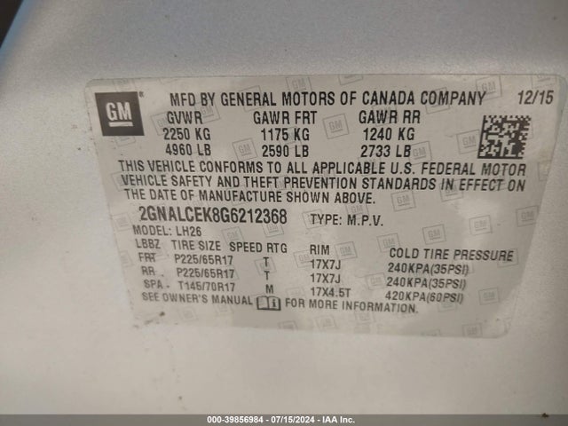 Chevrolet EQUINOX LT 2016 2GNALCEK8G6212368 Image 9