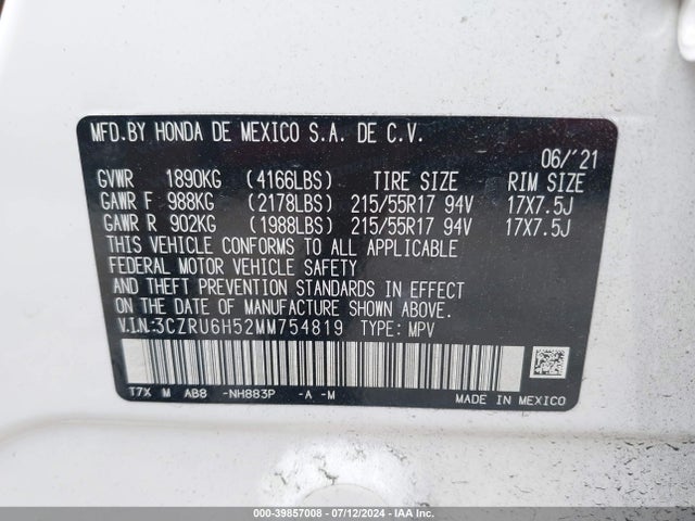 Honda Hr-v Awd Ex 2021 3CZRU6H52MM754819 Image 9