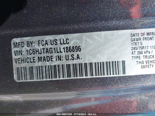 Jeep Gladiator Sport 4x4 2020 1C6HJTAG1LL186896 Image 9