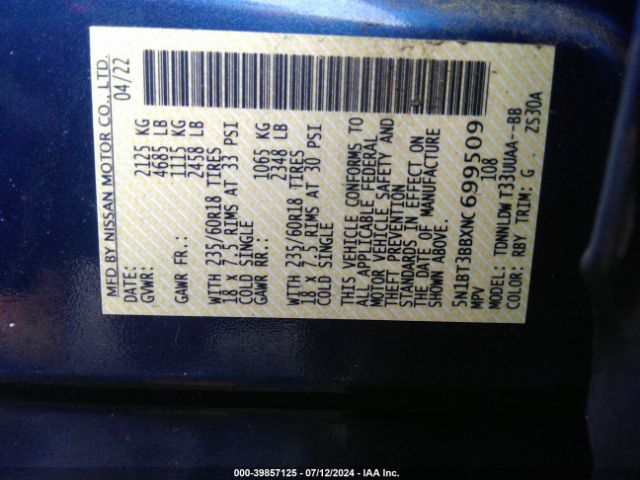 5N1BT3BBXNC699509 Nissan Rogue Sv Intelligent Awd