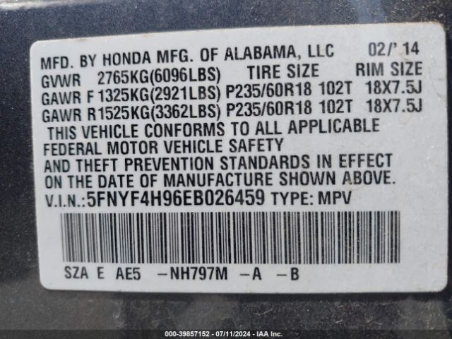 5FNYF4H96EB026459 Honda Pilot Touring