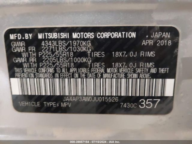 JA4AP3AW0JU015526 Mitsubishi Outlander Sport 2.4 Se