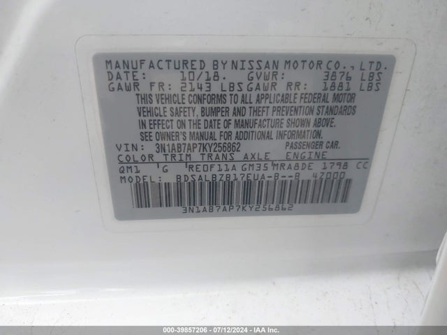 Nissan SENTRA S 2019 3N1AB7AP7KY256862 Image 9