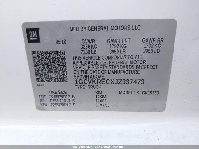 Aukcja sprzedaży 2018 Chevrolet Silverado 1500 1lt, vin: 1GCVKRECXJZ337473, numer aukcji: 39857227