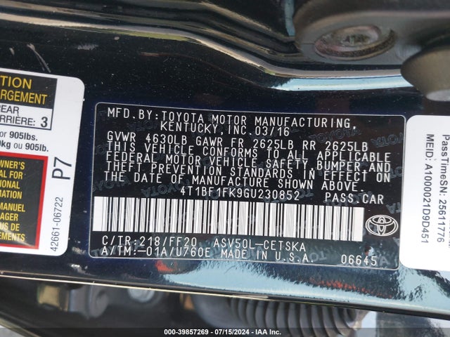 Toyota CAMRY SE 2016 4T1BF1FK9GU230852 Image 9