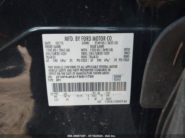 Ford Edge Titanium 2015 2FMPK4K81FBB11789 Image 9