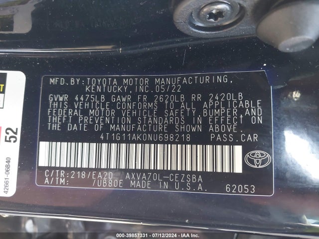 Toyota CAMRY SE 2022 4T1G11AK0NU698218 Image 9