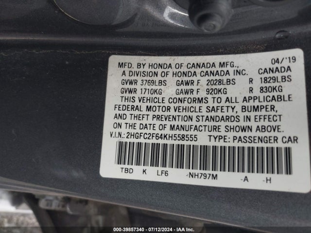 Honda k20c2 2019 2HGFC2F64KH558555 Image 9