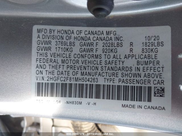 2HGFC2F81MH504263 Honda Civic Sport