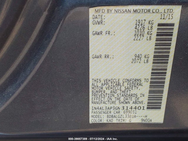 Nissan Altima 2.5 S 2016 1N4AL3AP3GN314401 Image 9