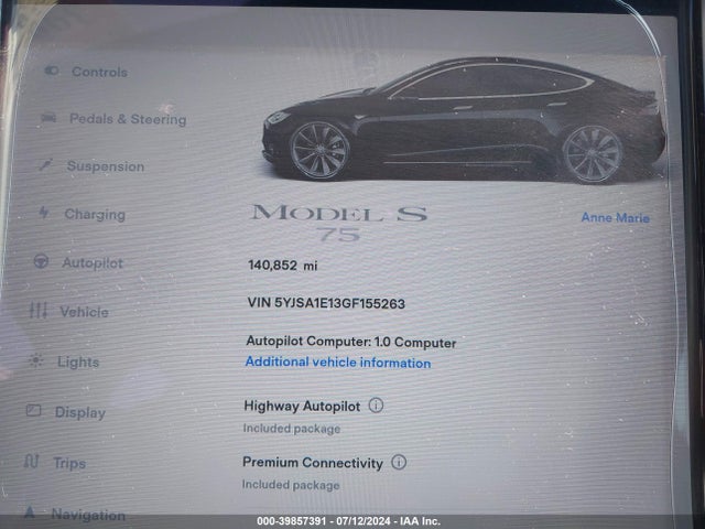 Tesla Model S 60/70/75/85 2016 5YJSA1E13GF155263 Image 7
