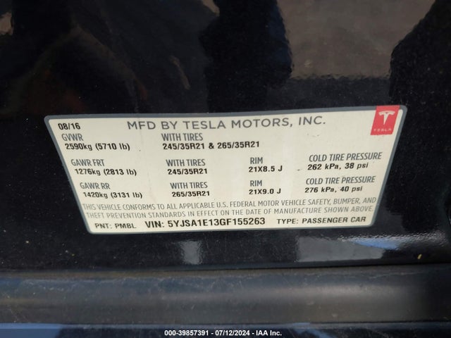Tesla Model S 60/70/75/85 2016 5YJSA1E13GF155263 Image 9