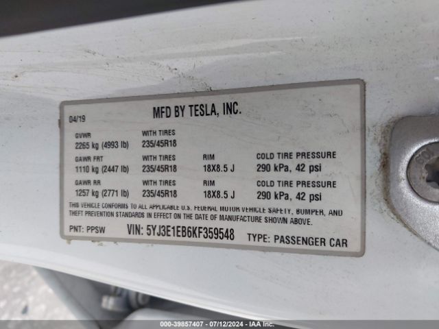 2019 TESLA MODEL 3 5YJ3E1EB6KF359548 Photo 8