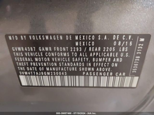 3VW4T7AJ8GM230043 Volkswagen Jetta 2.0t Gli Se