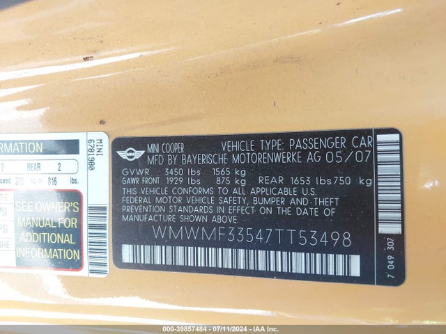 2007 MINI COOPER WMWMF33547TT53498 Photo 8
