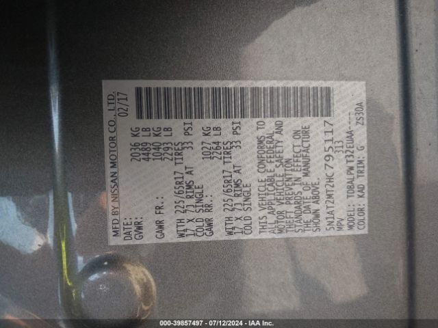 5N1AT2MT2HC795117 Nissan ROGUE S