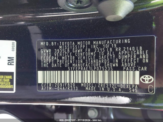 Toyota COROLLA LE 2020 5YFEPRAE1LP075235 Image 9