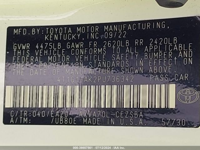 4T1G11AK2PU736342 Toyota CAMRY SE