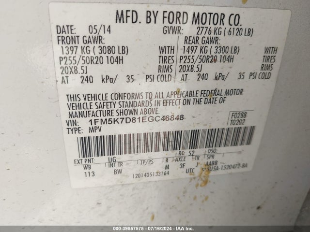 Ford EXPLORER XLT 2014 1FM5K7D81EGC46848 Image 9