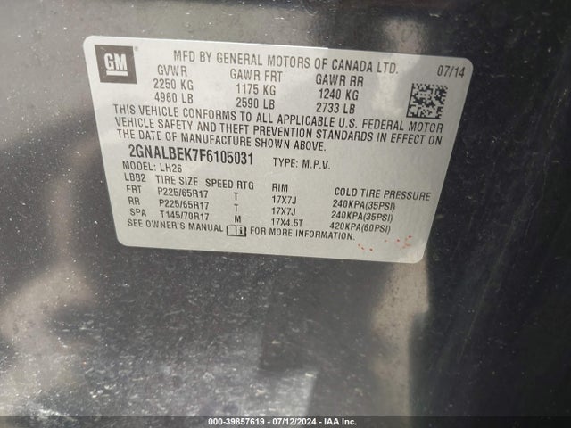 Chevrolet EQUINOX 1LT 2015 2GNALBEK7F6105031 Image 9